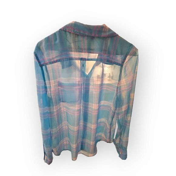 S0 Light Pink and Blue Plaid Sheer Button Up Long Sleeve Shirt RN73277 (Size L) - Picture 4 of 7